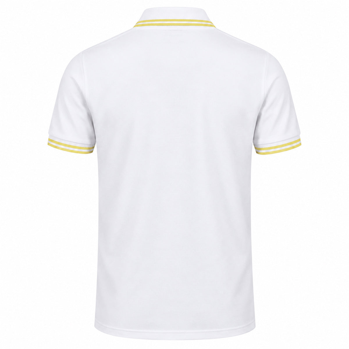 Rear view of the Sauce & Brown Capri white polo shirt with yellow collar and cuff trim.