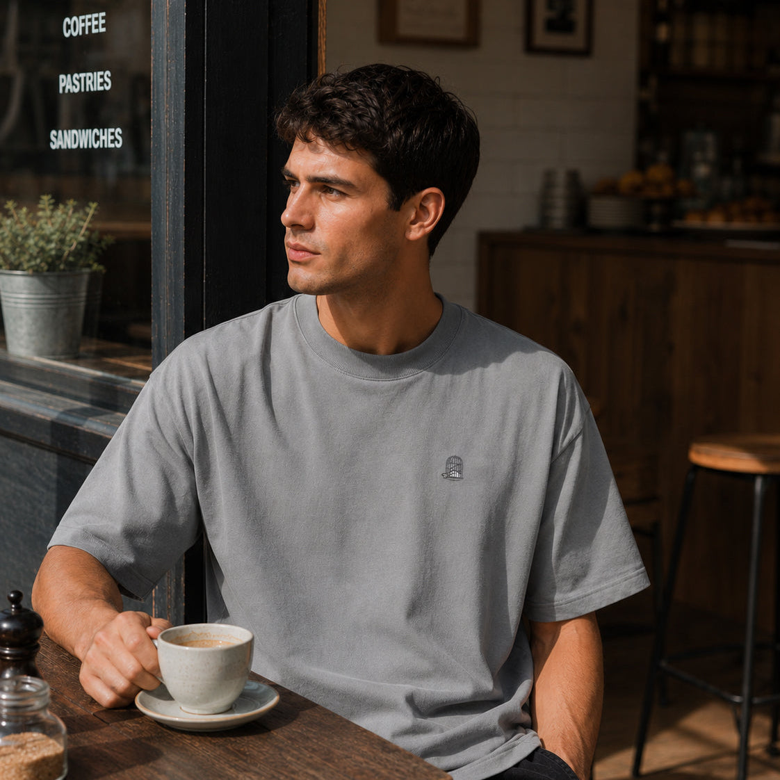 Male model wearing the Sauce & Brown Haze oversized t-shirt in light grey at an outdoor café