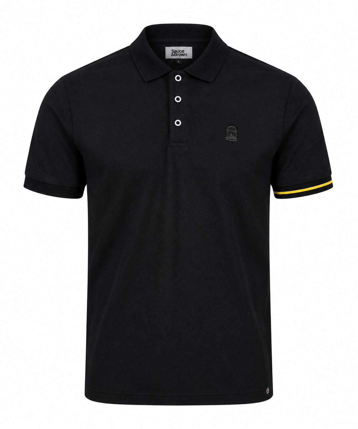 Sauce & Brown Offset black polo shirt with yellow cuff stripe and embroidered birdcage logo.