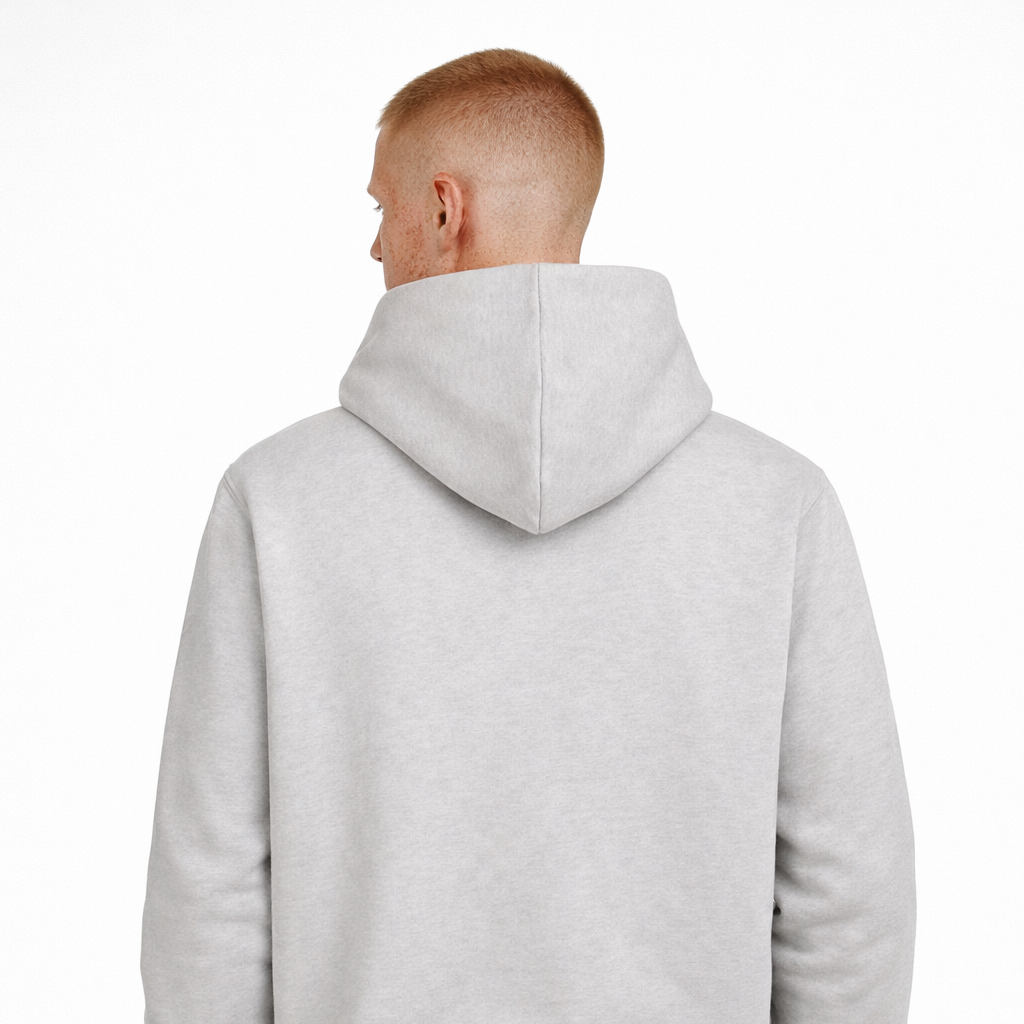 Rear view of Daub Hoody in light grey worn by model by Sauce & Brown