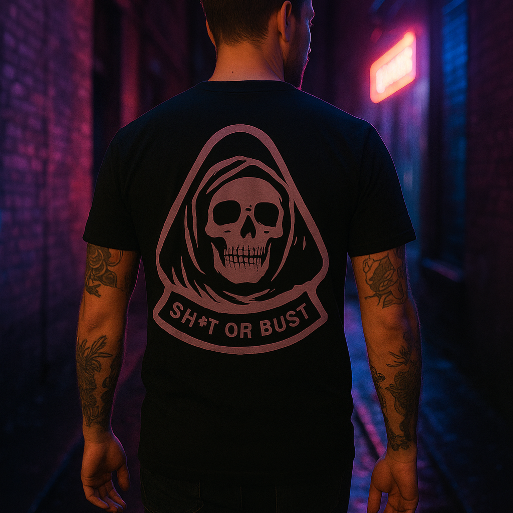 Model wearing Fear City T-Shirt in black with lilac back print in nightlife setting by Sauce & Brown