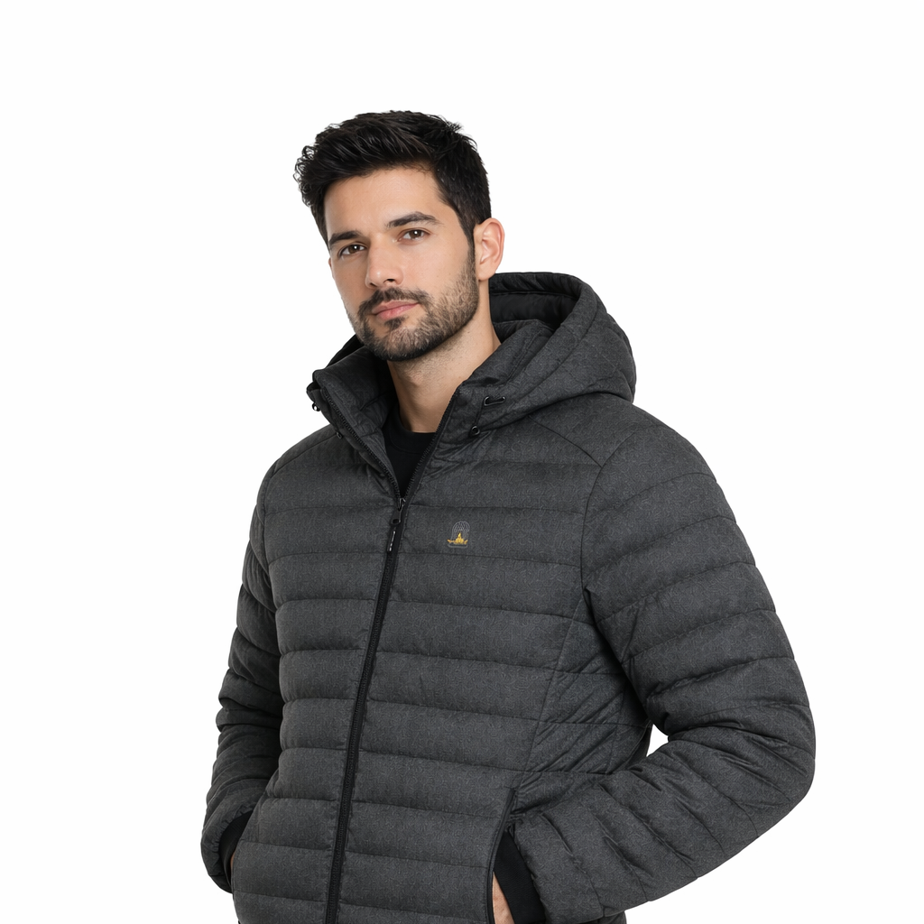 Angled view of Mac Jacket in charcoal grey worn by model by Sauce & Brown