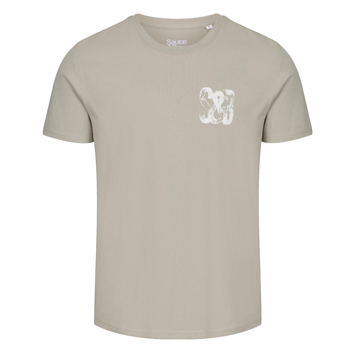 Front flat lay of Stone Press Printed Tee in stone with chest logo by Sauce & Brown