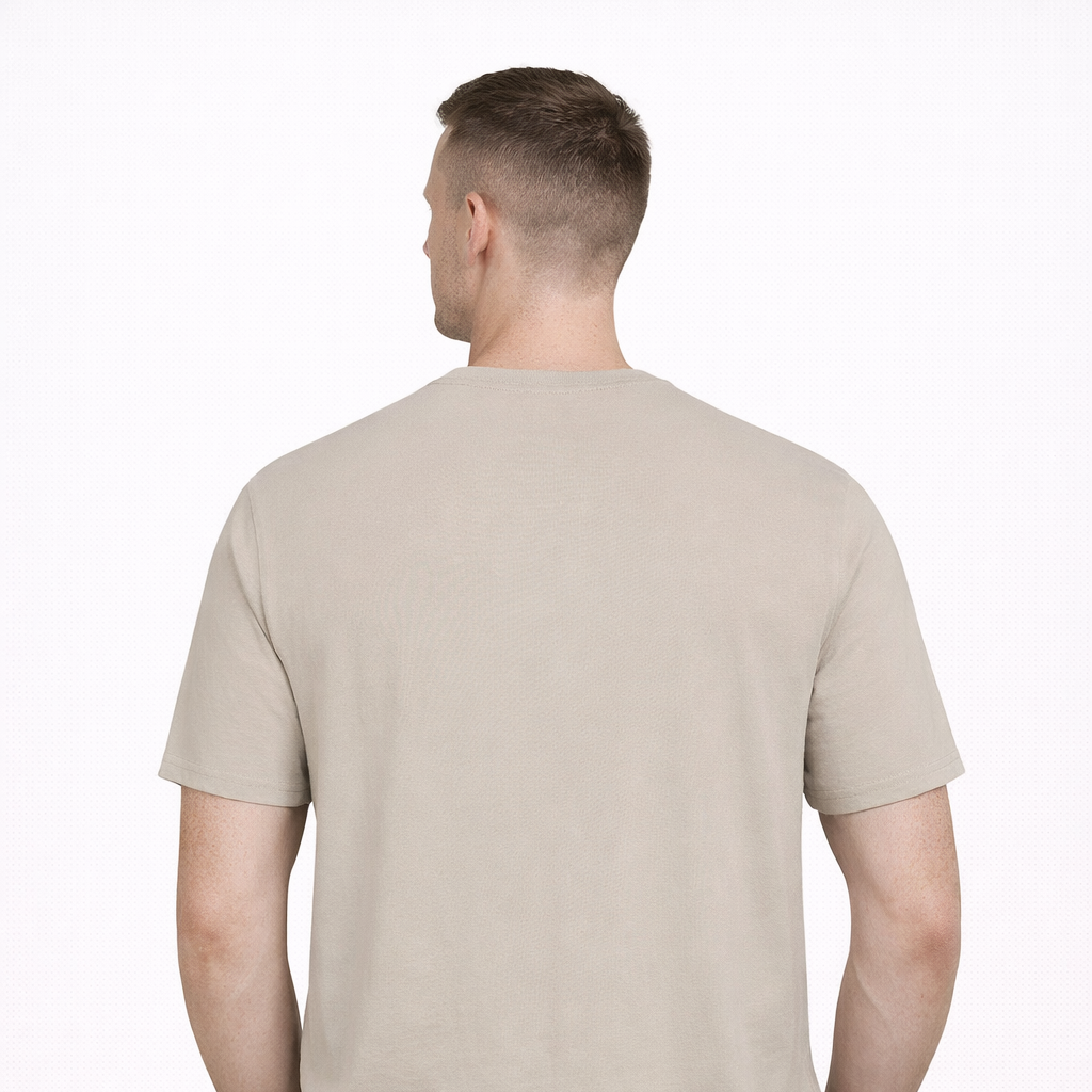 Rear view of Stone Press Printed Tee in stone worn by model by Sauce & Brown