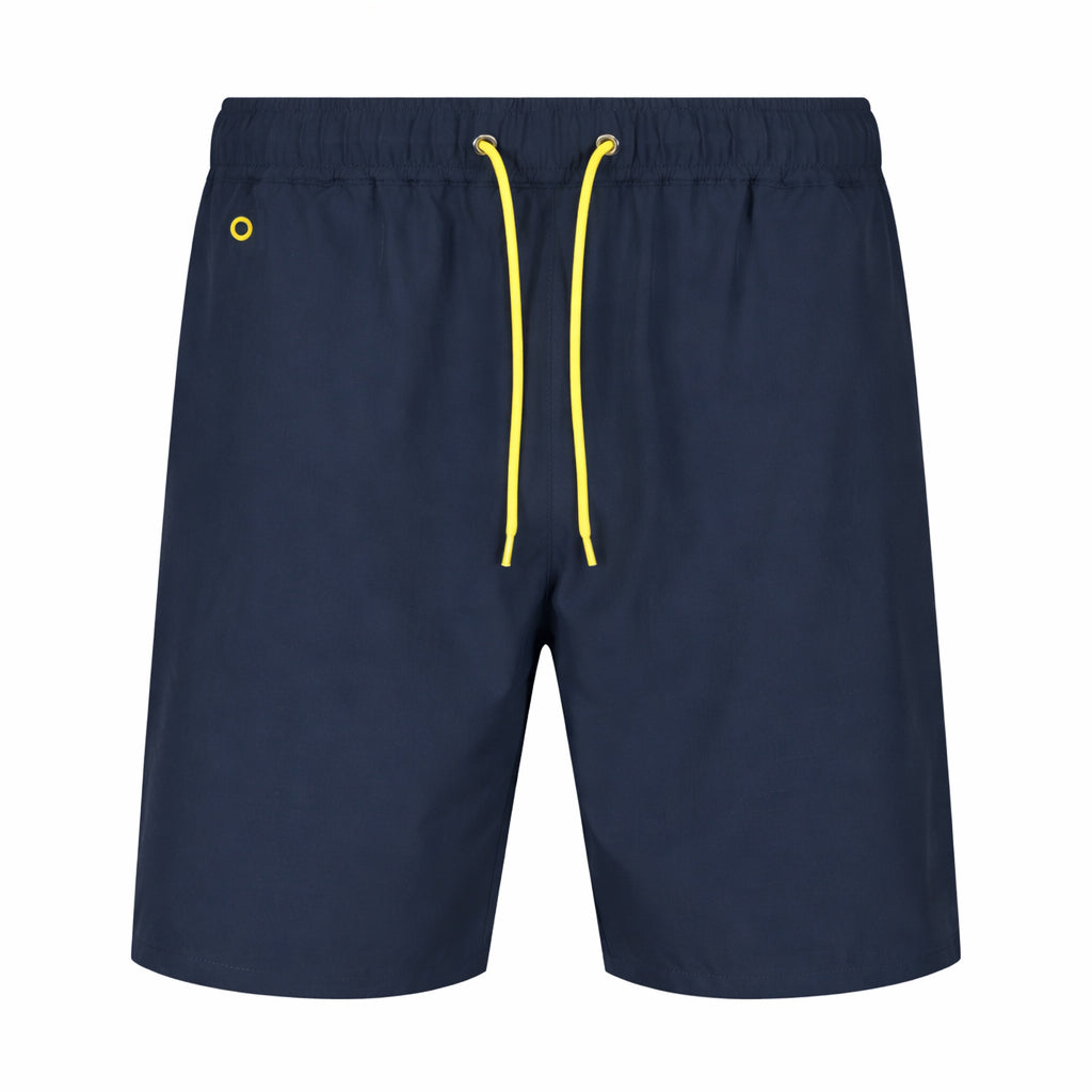 Front view of Tempest Swim Shorts in navy with yellow drawcord by Sauce & Brown