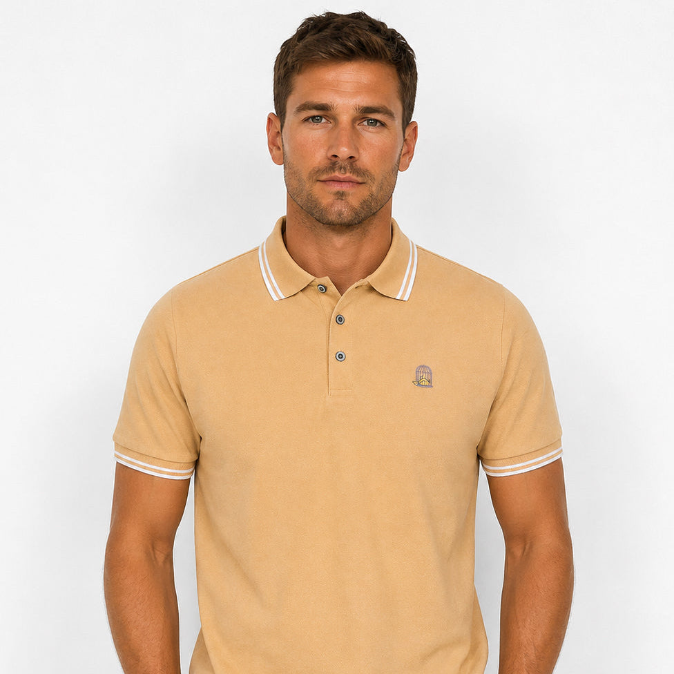Sauce & Brown Smith polo shirt in sand – front studio view