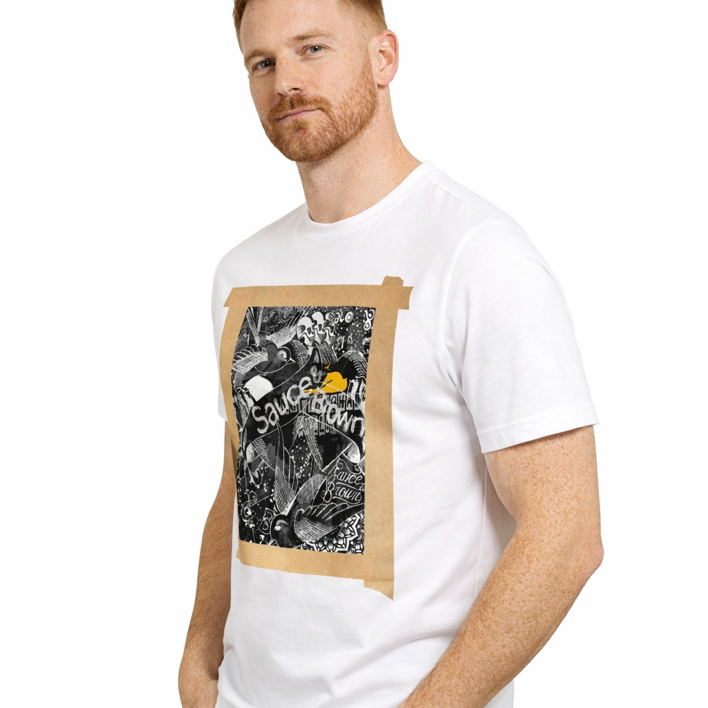 Angled view of model wearing Sauce & Brown white Project graphic T-Shirt