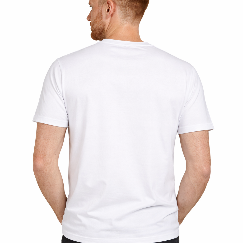 Rear view of Sauce & Brown Project T-Shirt worn by model, plain white back