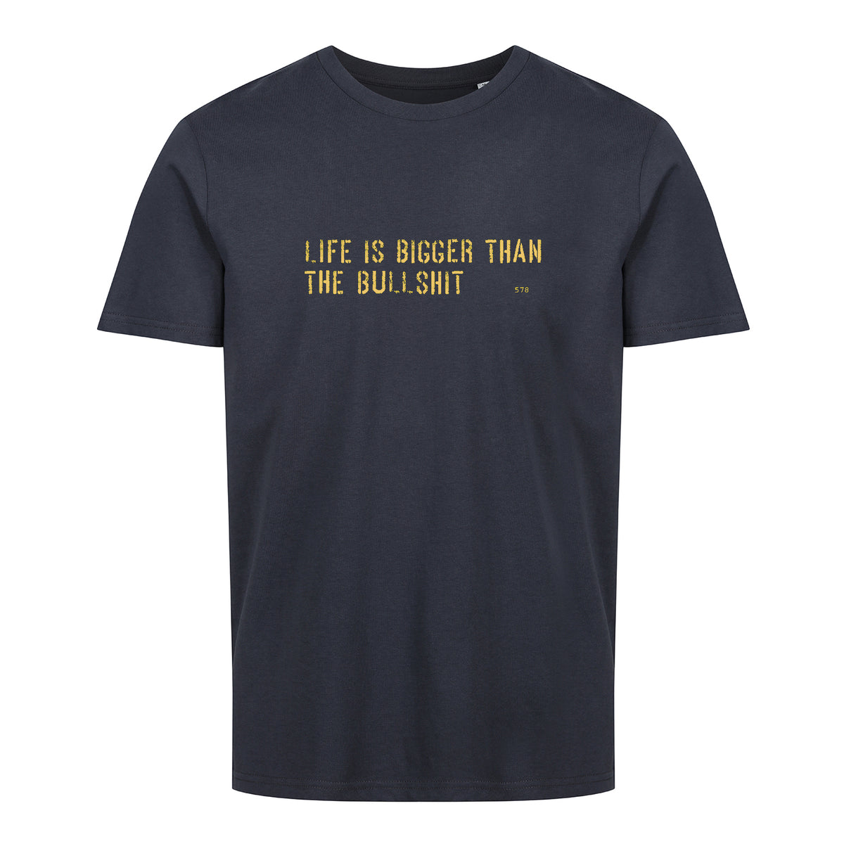 Sauce & Brown Navy t-shirt with yellow text on a white background