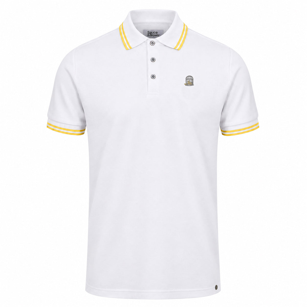 Sauce & Brown Capri white polo shirt with yellow collar and cuff trim and embroidered birdcage logo.
