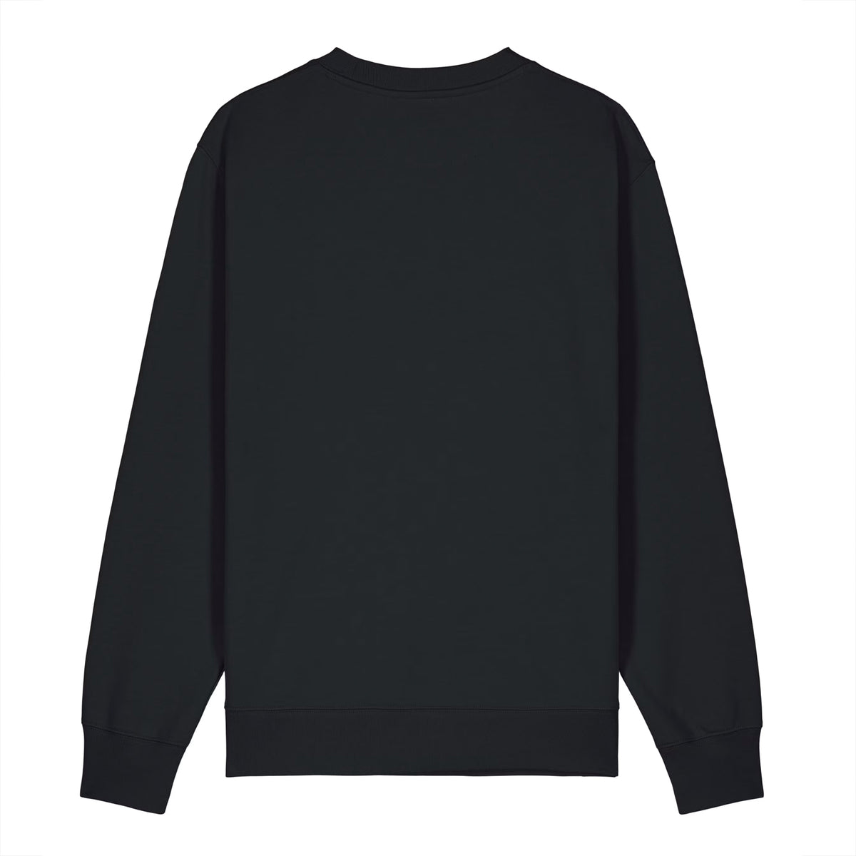 Back view of black men’s premium organic cotton sweatshirt with relaxed fit and ribbed trims