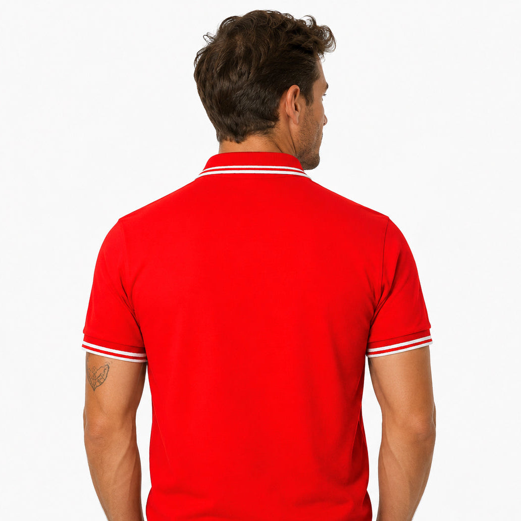 Rear studio photo of a white male model wearing the Sauce & Brown Forza red polo shirt