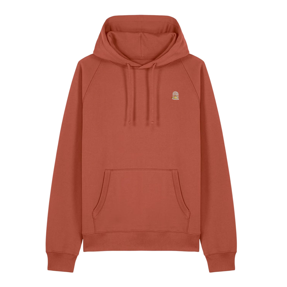 Front view of the Sauce & Brown Kiln Hoody in Vintage Washed Terracotta, featuring embroidered birdcage logo, raglan sleeves, double-layered hood and kangaroo pocket.