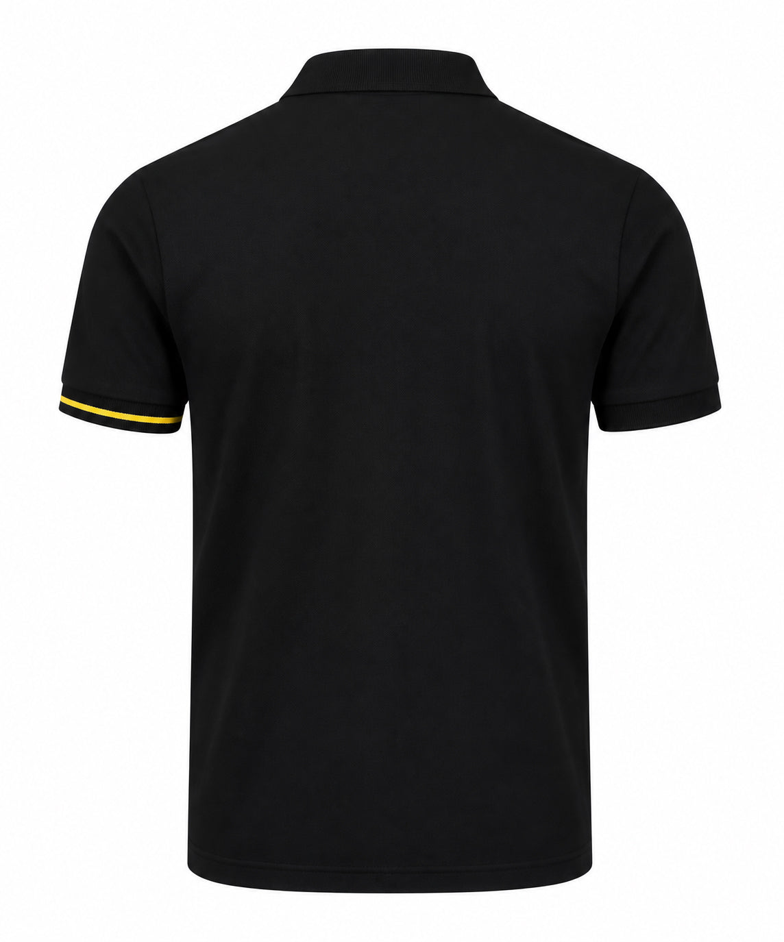 Rear view of the Sauce & Brown Offset black polo shirt with single yellow cuff stripe.