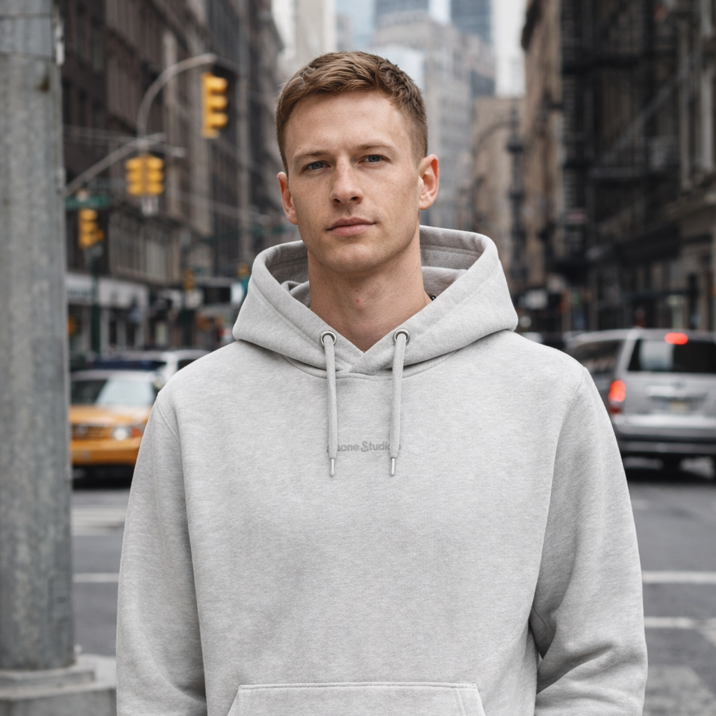 Model wearing Daub Hoody in light grey outdoors in urban setting by Sauce & Brown