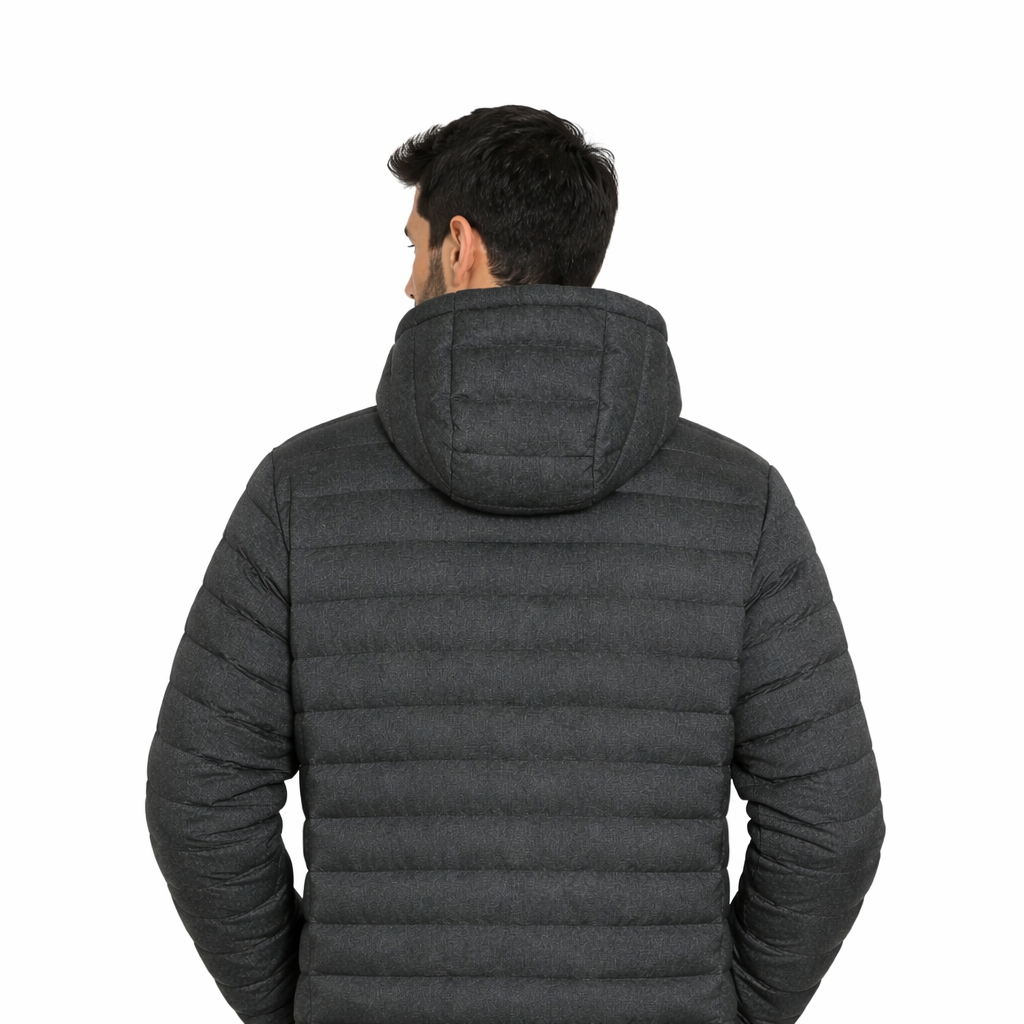 Rear view of Mac Jacket in charcoal grey worn by model by Sauce & Brown