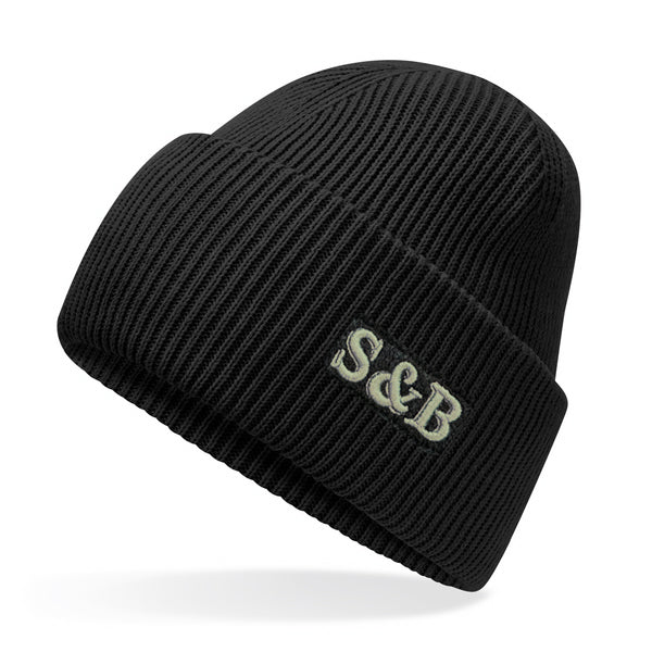 Black beanie with 'S&B' logo on a white background