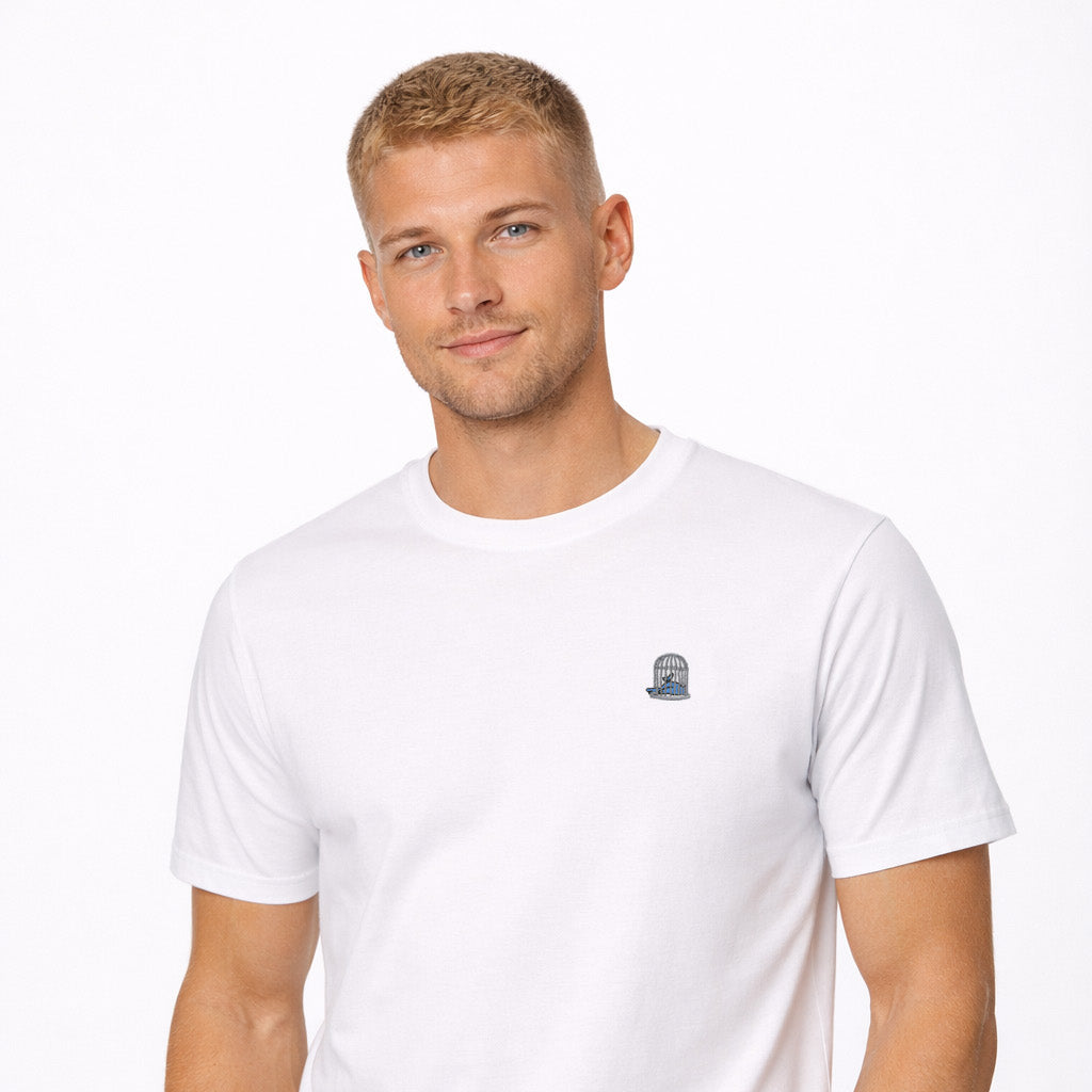 Men’s white t-shirt with birdcage embroidery – premium organic cotton by Sauce & Brown