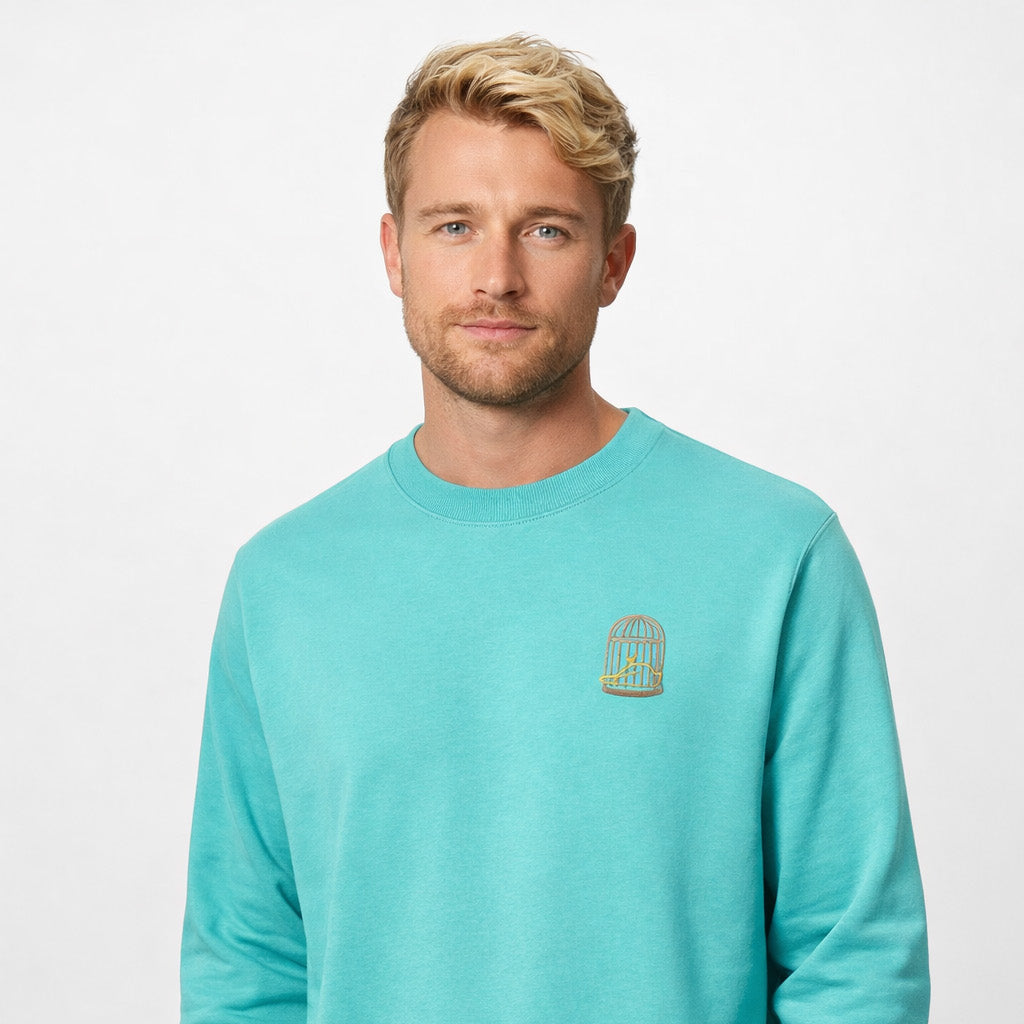 Mens Pool sweatshirt with embroidered chest logo worn by model – Sauce & Brown Pool Sweatshirt front view