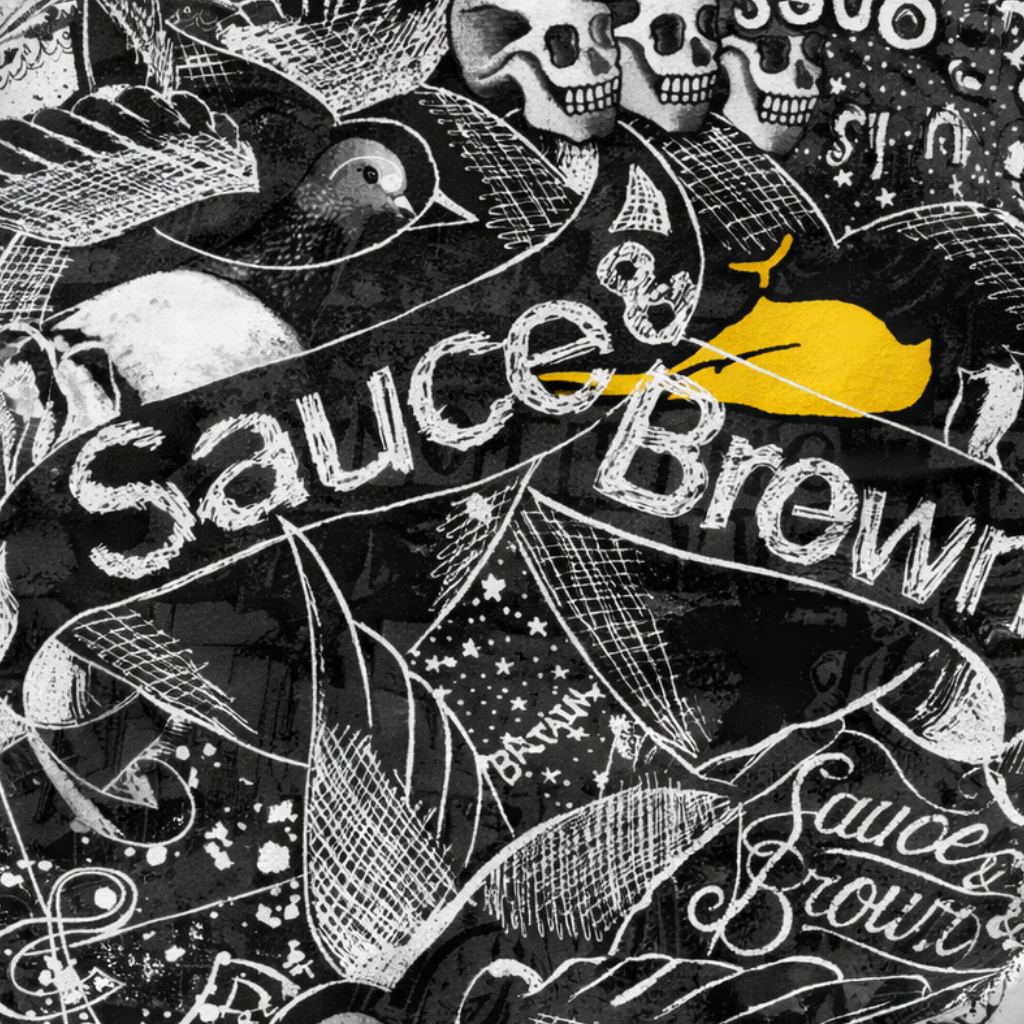 Close-up detail of Sauce & Brown Project T-Shirt graphic print with signature artwork